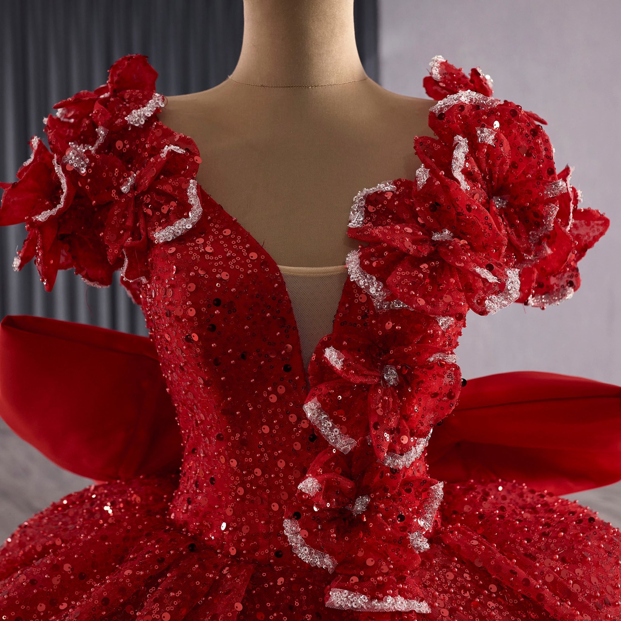 Classic Red Fairytale Princess Sparkly Quinceanera Dress with Long Bowknot - Rosymae