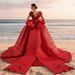 Classic Red Fairytale Princess Sparkly Quinceanera Dress with Long Bowknot - Rosymae
