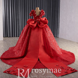 Classic Red Fairytale Princess Sparkly Quinceanera Dress with Long Bowknot - Rosymae