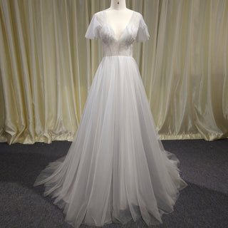 Classic Rustic Outdoor A-Line Wedding Dress with Flutter Sleeves - Rosymae