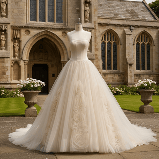 Classic Scoop Neckline A-line Tulle Wedding Dress with 3D Flowers - Rosymae