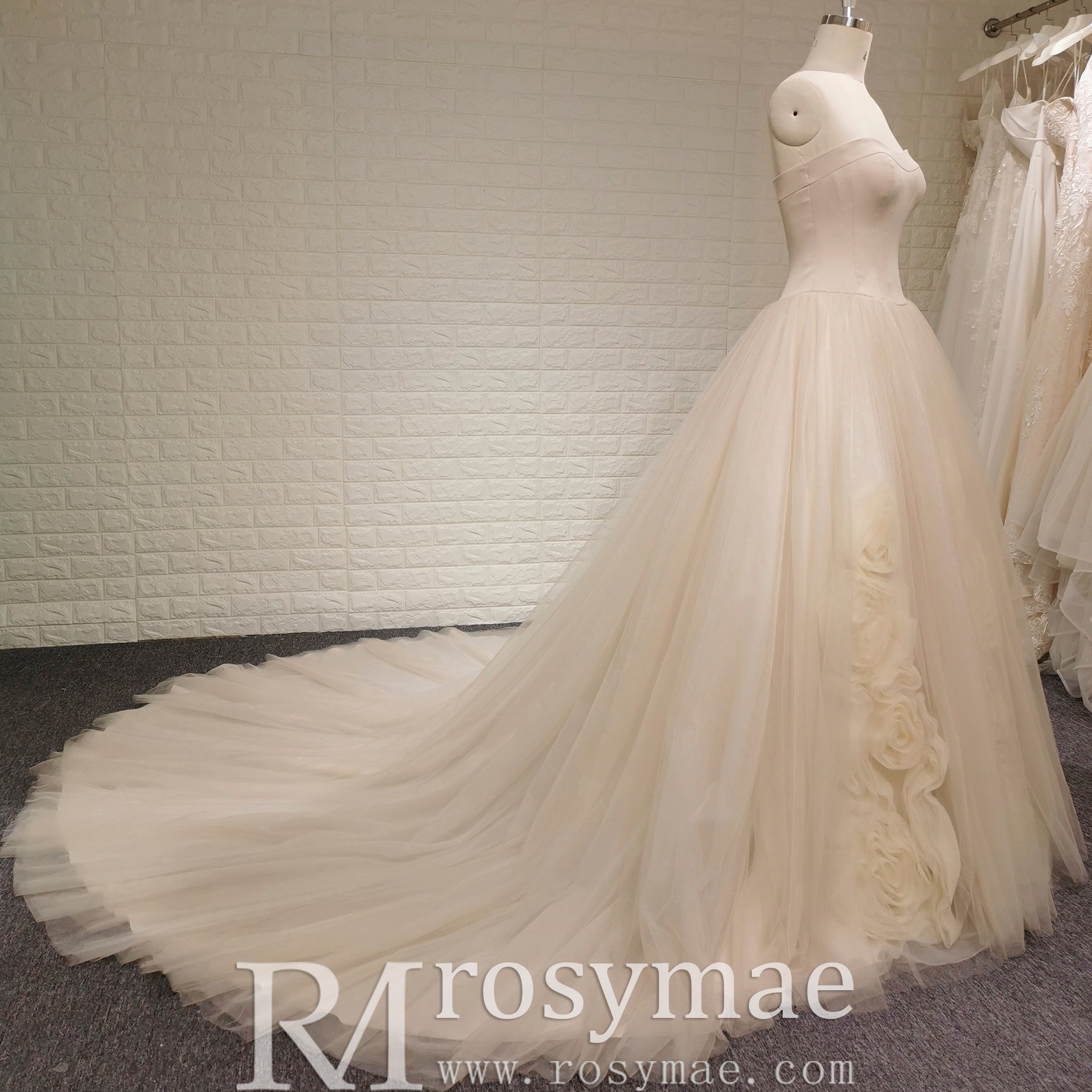Classic Scoop Neckline A-line Tulle Wedding Dress with 3D Flowers - Rosymae