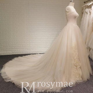 Classic Scoop Neckline A-line Tulle Wedding Dress with 3D Flowers - Rosymae
