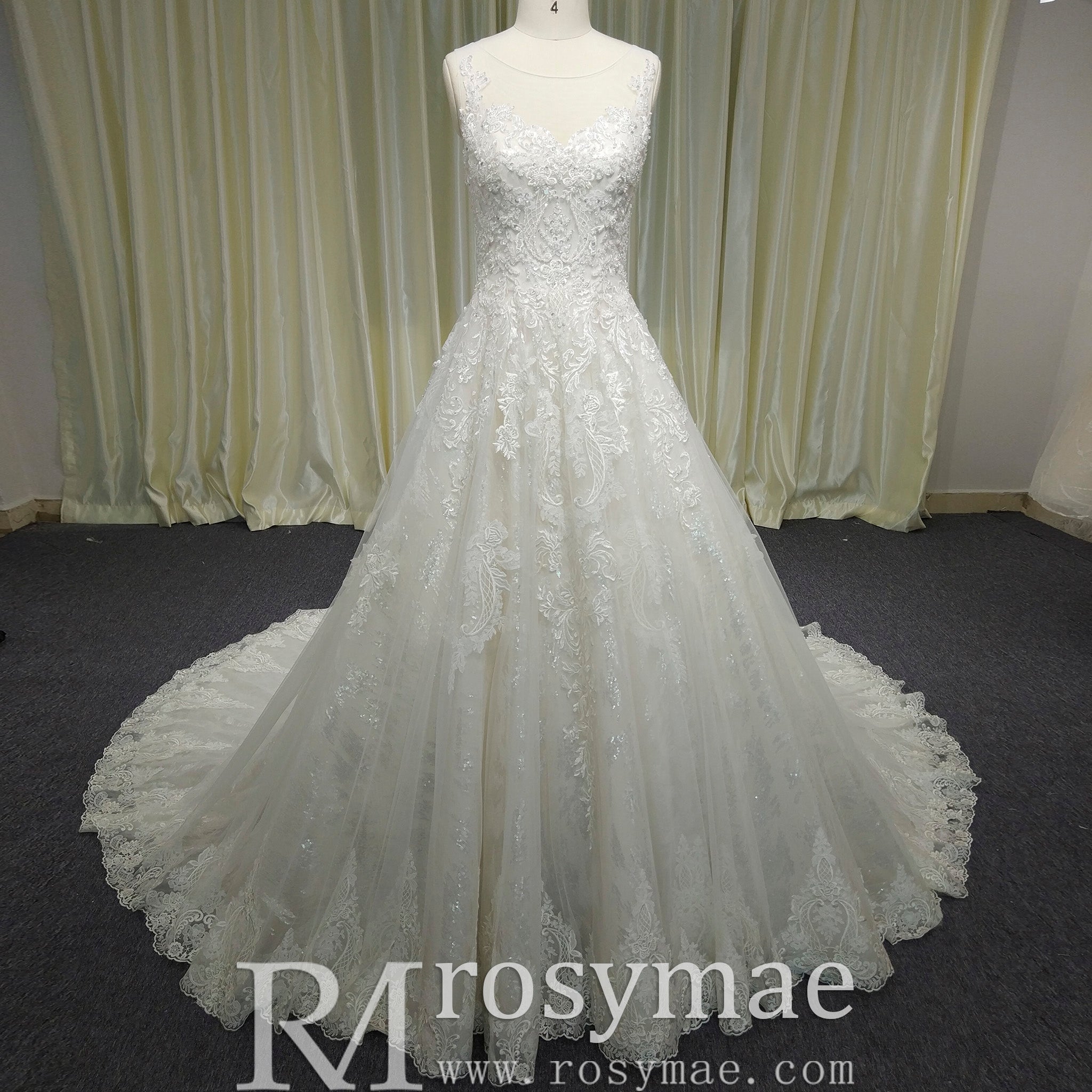 Classic Scoop Neckline A-line Wedding Dress with Tulle Appliqued Lace - Rosymae