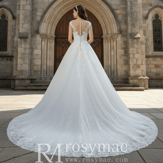 Classic Scoop Neckline A-line Wedding Dress with Tulle Appliqued Lace - Rosymae