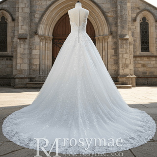 Classic Scoop Neckline A-line Wedding Dress with Tulle Appliqued Lace - Rosymae