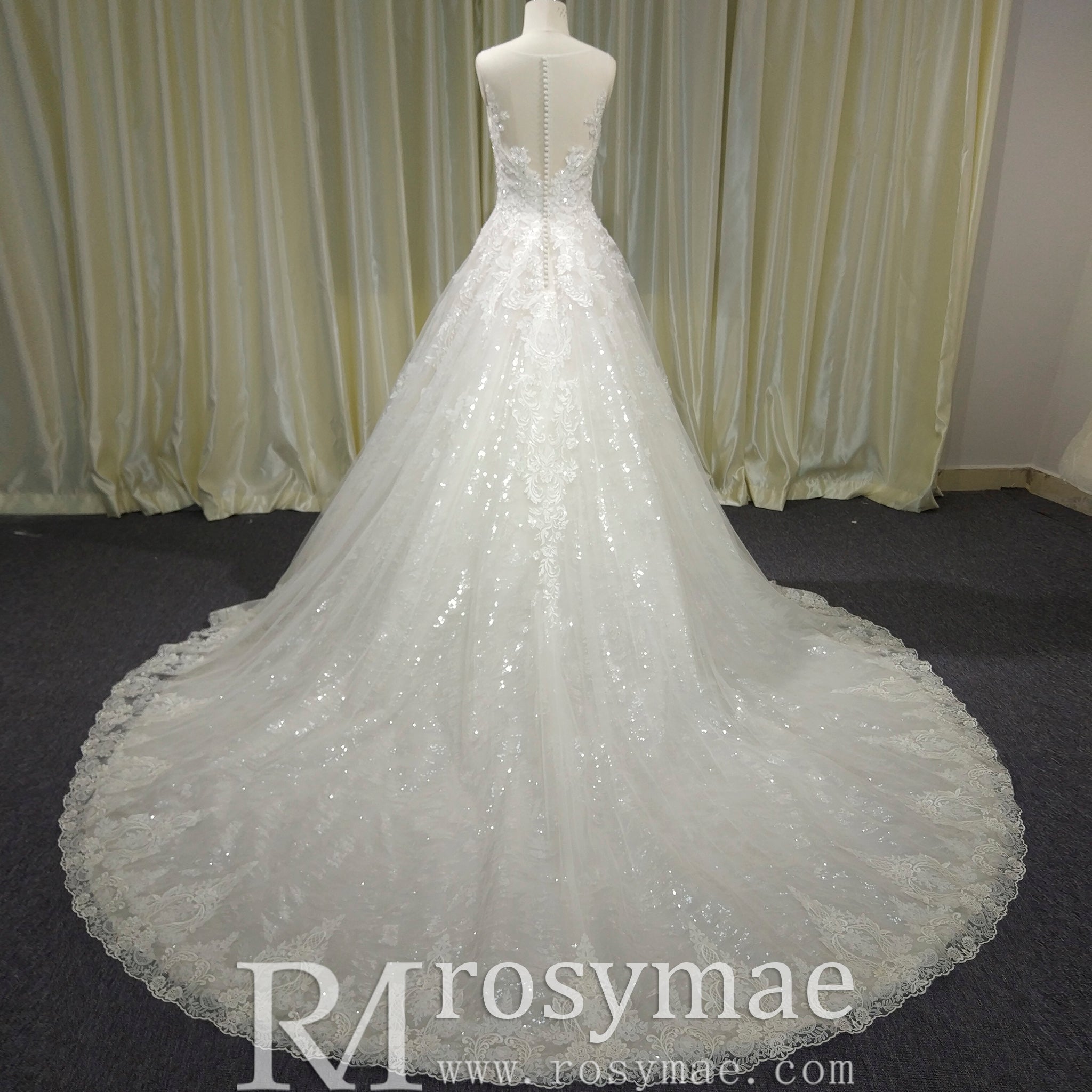 Classic Scoop Neckline A-line Wedding Dress with Tulle Appliqued Lace - Rosymae