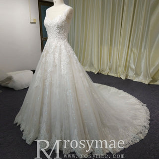 Classic Scoop Neckline A-line Wedding Dress with Tulle Appliqued Lace - Rosymae