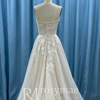 Classic Sheath Tulle Lace Vneck Wedding Dress with Spaghetti Straps - Rosymae