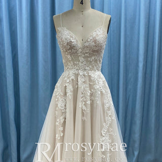 Classic Sheath Tulle Lace Vneck Wedding Dress with Spaghetti Straps - Rosymae