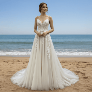 Classic Sheath Tulle Lace Vneck Wedding Dress with Spaghetti Straps - Rosymae