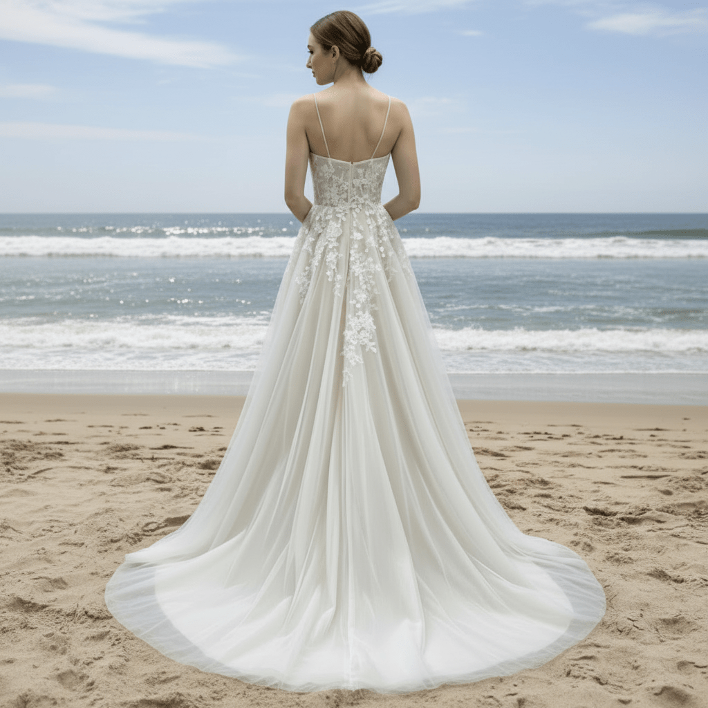 Classic Sheath Tulle Lace Vneck Wedding Dress with Spaghetti Straps - Rosymae