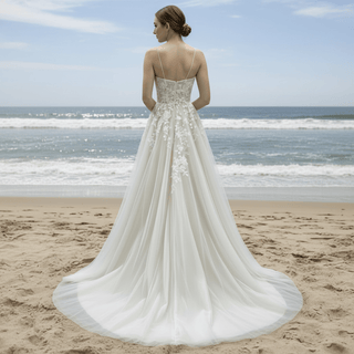 Classic Sheath Tulle Lace Vneck Wedding Dress with Spaghetti Straps - Rosymae