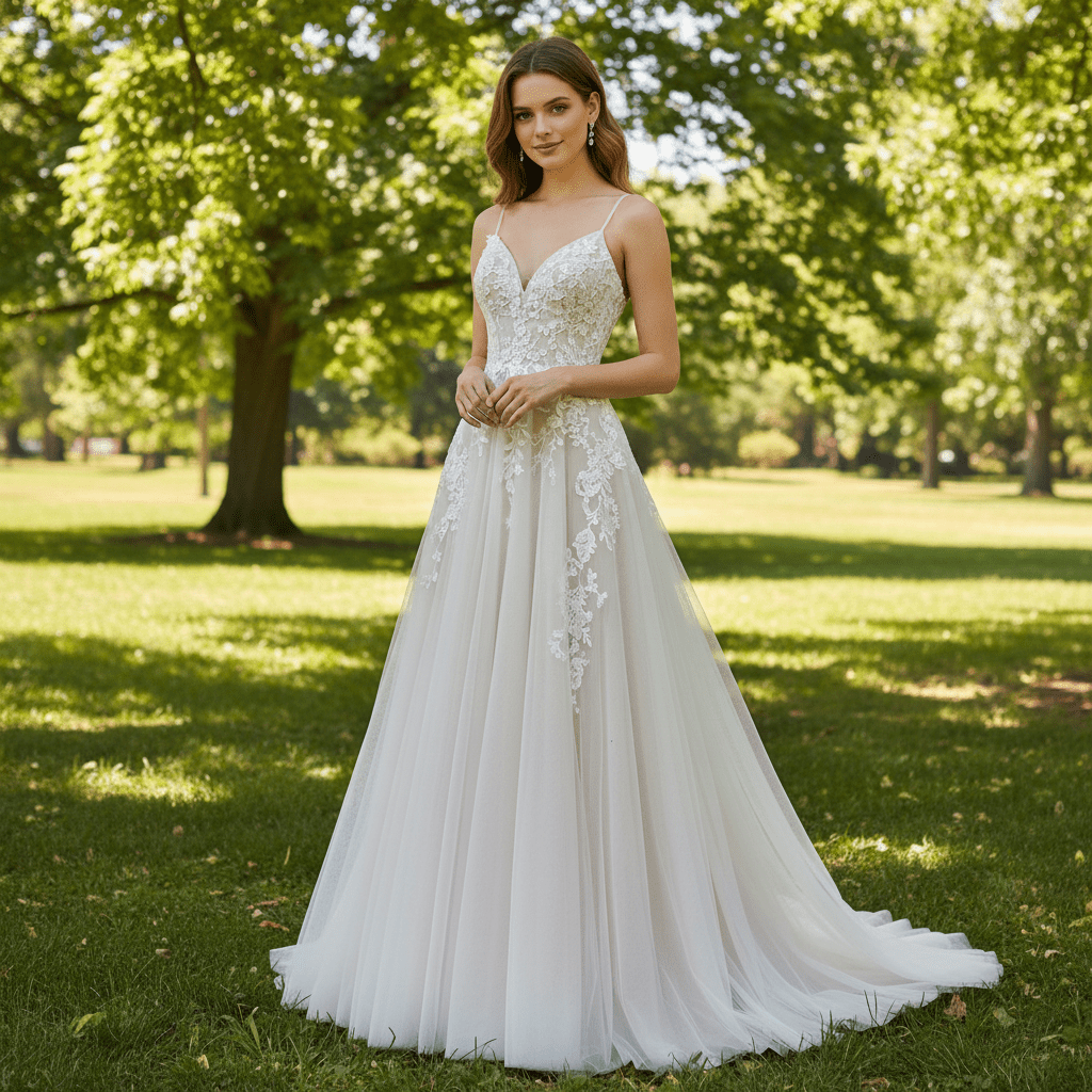 Classic Sheath Tulle Lace Vneck Wedding Dress with Spaghetti Straps - Rosymae