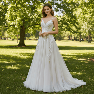 Classic Sheath Tulle Lace Vneck Wedding Dress with Spaghetti Straps - Rosymae
