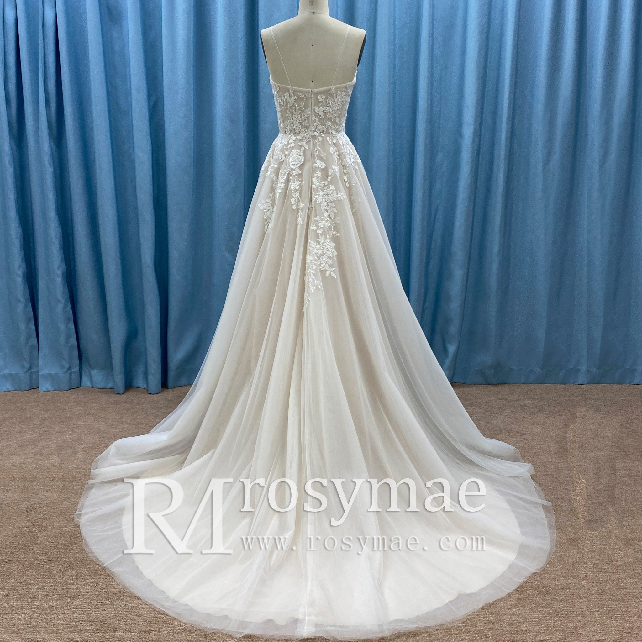 Classic Sheath Tulle Lace Vneck Wedding Dress with Spaghetti Straps - Rosymae