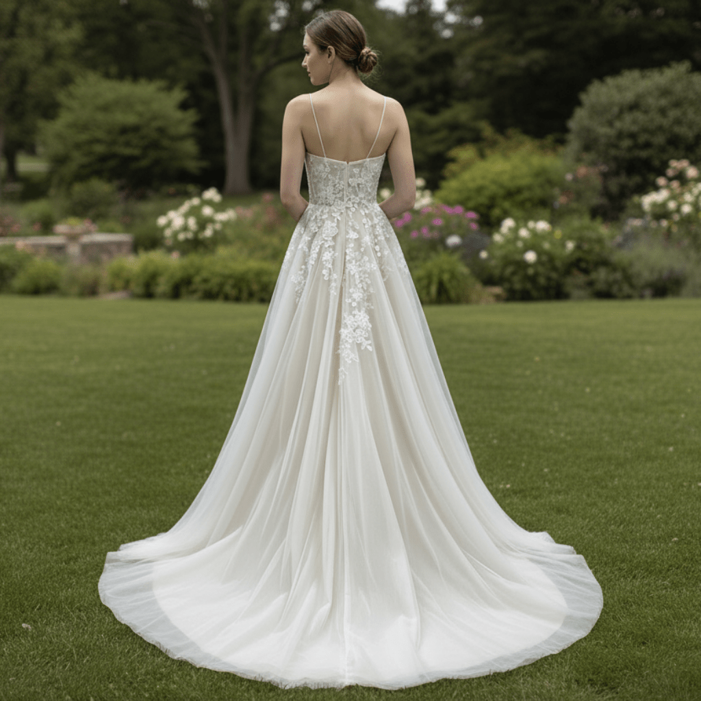 Classic Sheath Tulle Lace Vneck Wedding Dress with Spaghetti Straps - Rosymae