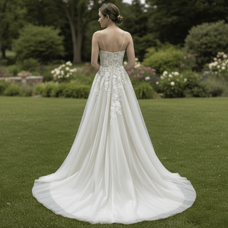Classic Sheath Tulle Lace Vneck Wedding Dress with Spaghetti Straps - Rosymae