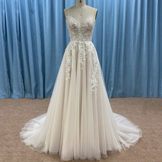 Classic Sheath Tulle Lace Vneck Wedding Dress with Spaghetti Straps - Rosymae