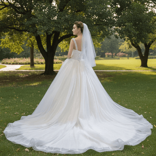 Classic Sheer Bodice Ball Gown Wedding Dress with Square Neckline - Rosymae