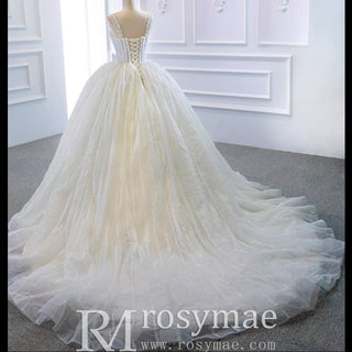Classic Sheer Bodice Ball Gown Wedding Dress with Square Neckline - Rosymae