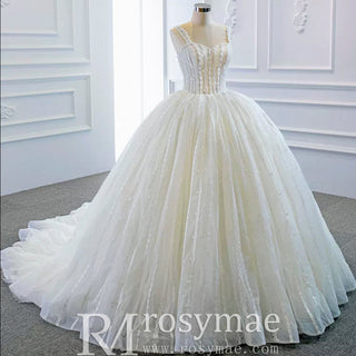 Classic Sheer Bodice Ball Gown Wedding Dress with Square Neckline - Rosymae