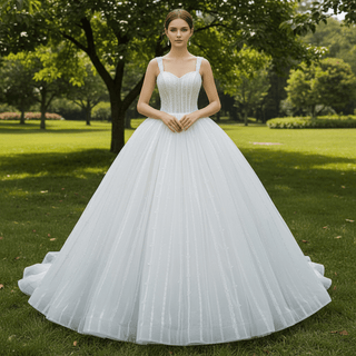 Classic Sheer Bodice Ball Gown Wedding Dress with Square Neckline - Rosymae