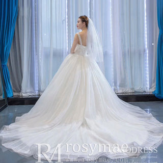 Classic Sheer Bodice Ball Gown Wedding Dress with Square Neckline - Rosymae