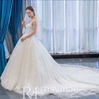 Classic Sheer Bodice Ball Gown Wedding Dress with Square Neckline - Rosymae