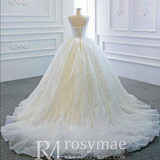 Classic Sheer Bodice Ball Gown Wedding Dress with Square Neckline - Rosymae