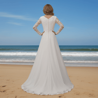 Classic Sheer Long Sleeve V-neck Tulle Lace Wedding Dress - Rosymae