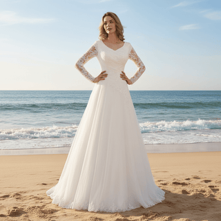 Classic Sheer Long Sleeve V-neck Tulle Lace Wedding Dress - Rosymae