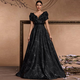 Classic Short Sleeve Black Prom Dresses Formal Gowns for Wedding - Rosymae