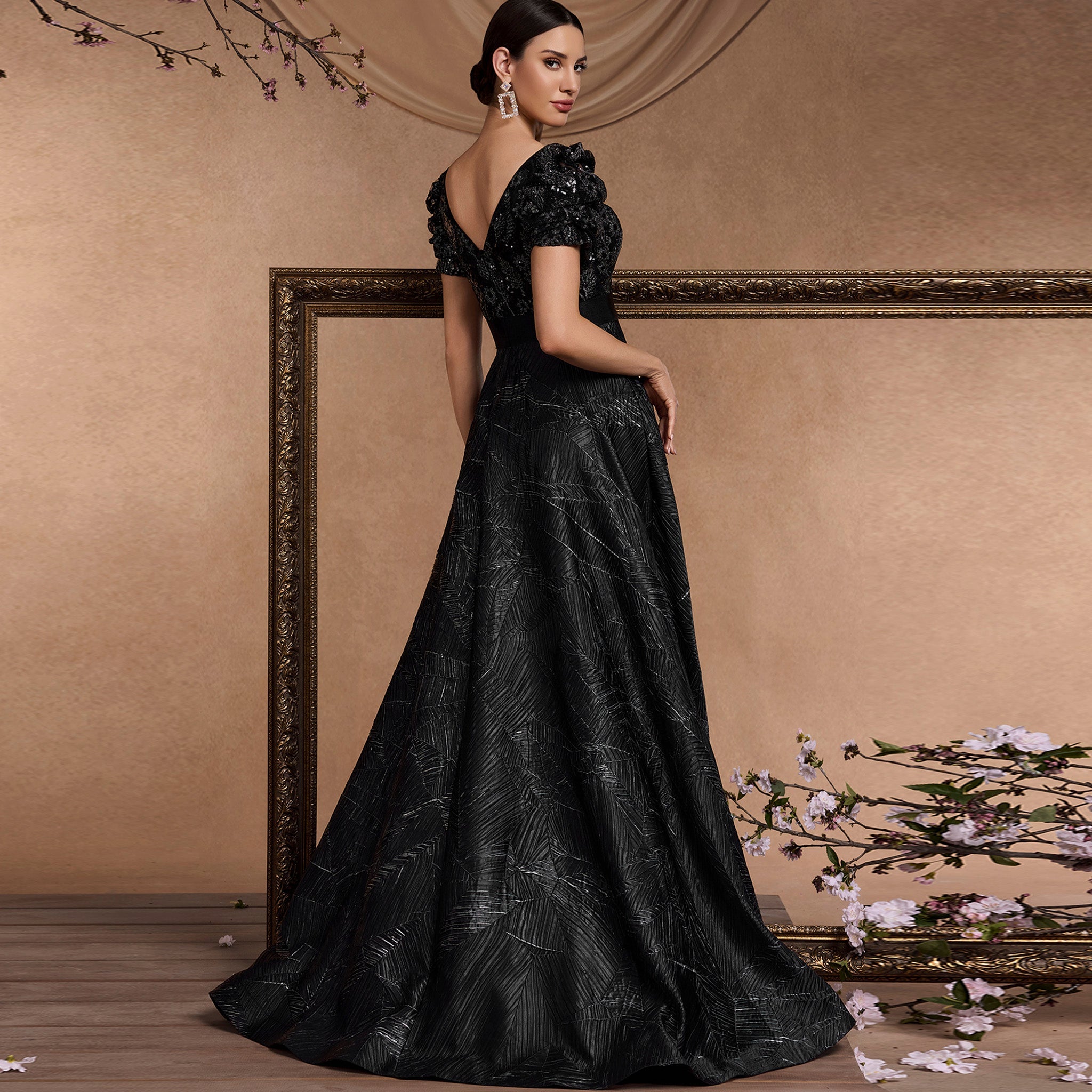 Classic Short Sleeve Black Prom Dresses Formal Gowns for Wedding