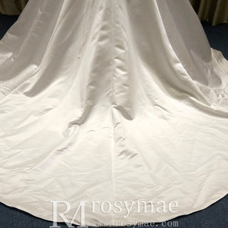 Classic Simple Curve Neckline Satin Wedding Dress with A-line - Rosymae