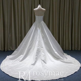 Classic Simple Curve Neckline Satin Wedding Dress with A-line - Rosymae