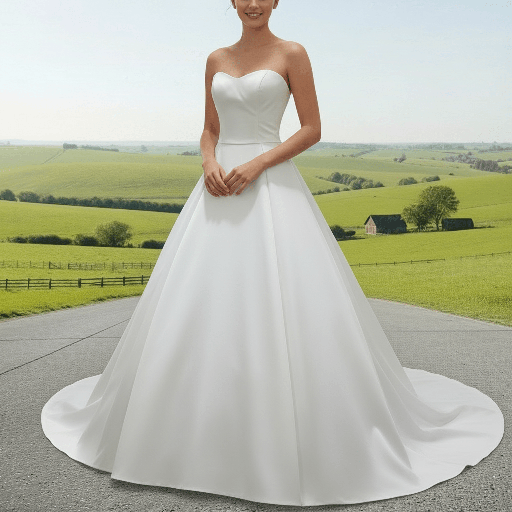 Classic Simple Curve Neckline Satin Wedding Dress with A-line - Rosymae