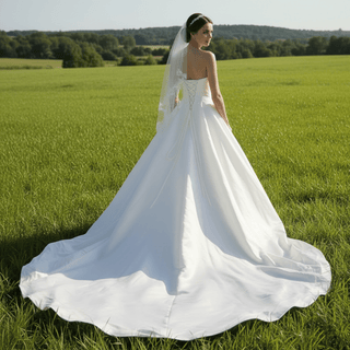Classic Simple Curve Neckline Satin Wedding Dress with A-line - Rosymae