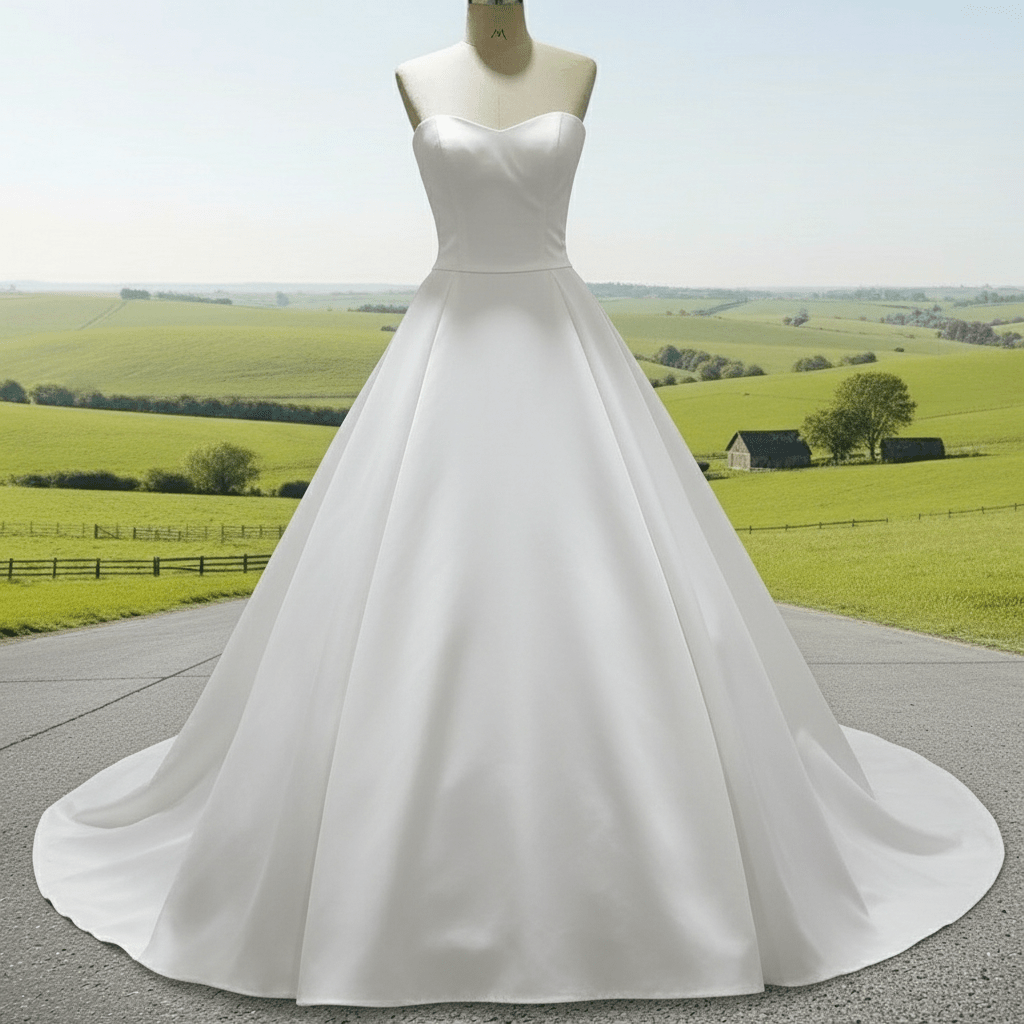Classic Simple Curve Neckline Satin Wedding Dress with A-line - Rosymae