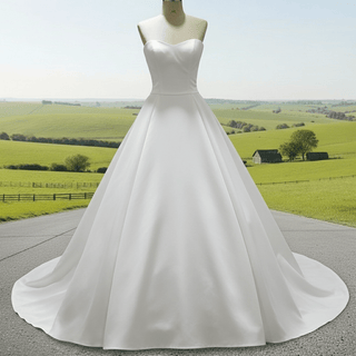 Classic Simple Curve Neckline Satin Wedding Dress with A-line - Rosymae