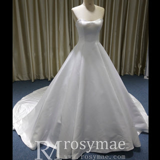 Classic Simple Curve Neckline Satin Wedding Dress with A-line - Rosymae