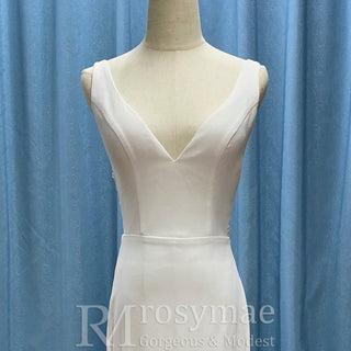 Classic Simple Vneck Fit and Flare Wedding Dress with Low Open Back - Rosymae