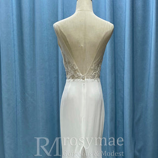 Classic Simple Vneck Fit and Flare Wedding Dress with Low Open Back - Rosymae