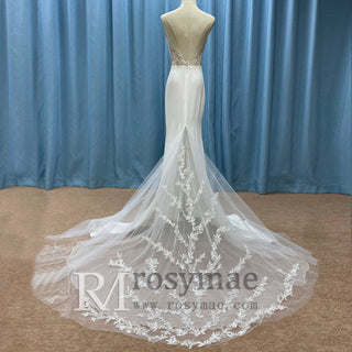 Classic Simple Vneck Fit and Flare Wedding Dress with Low Open Back - Rosymae