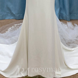 Classic Simple Vneck Fit and Flare Wedding Dress with Low Open Back - Rosymae