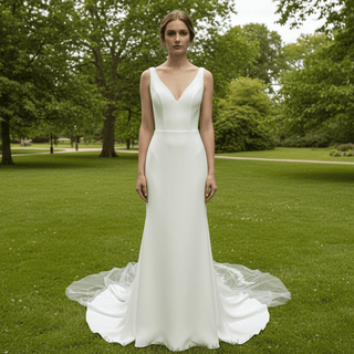 Classic Simple Vneck Fit and Flare Wedding Dress with Low Open Back - Rosymae