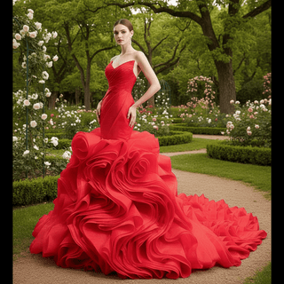 V neck red wedding dress with ruffle mermaid skirt
