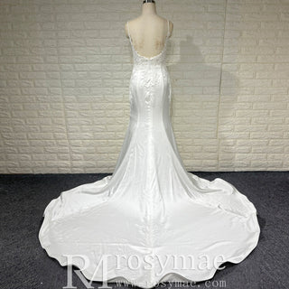 Classic Soft Satin Boat Neck Wedding Dress with Spaghetti Strap - Rosymae