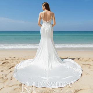 Classic Soft Satin Boat Neck Wedding Dress with Spaghetti Strap - Rosymae