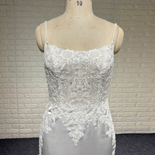 Classic Soft Satin Boat Neck Wedding Dress with Spaghetti Strap - Rosymae